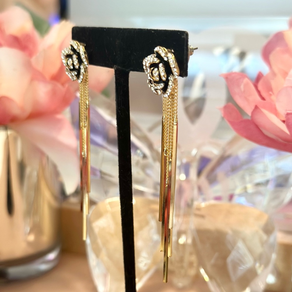 14k Crystal Camellia Flower Earrings - Picture 2 of 8